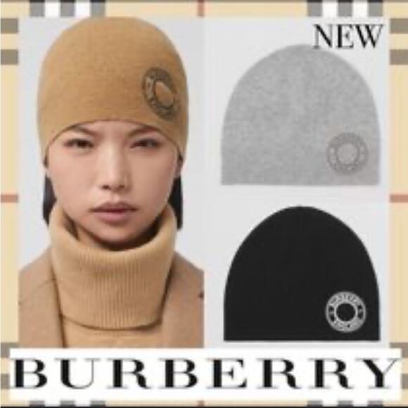 Burberry Gray Cashmere Logo Print Knit Unisex Beanie Hat New - Picture 1 of 7